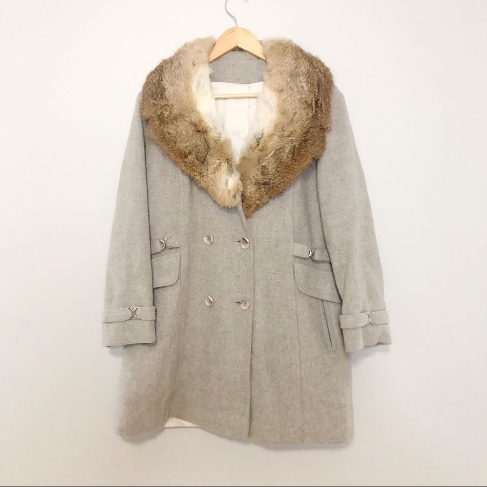 Vintage Coat jacket with Genuine Fur Collar Grey Size M VTG Swing Style Grey